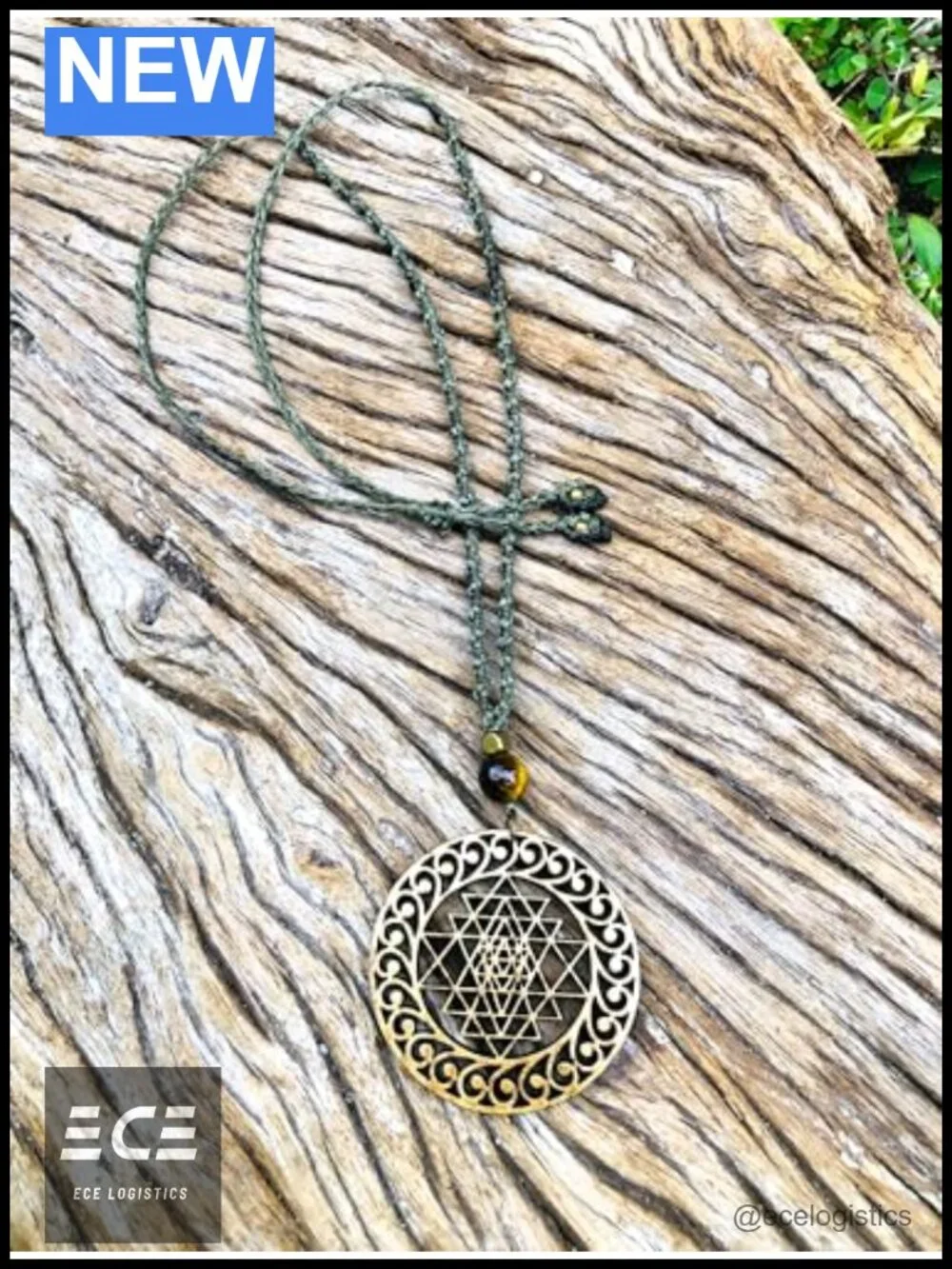 Handmade Wood Sri Yantra Mandala Necklace Tiger Eye Stone Macrame Spiritual